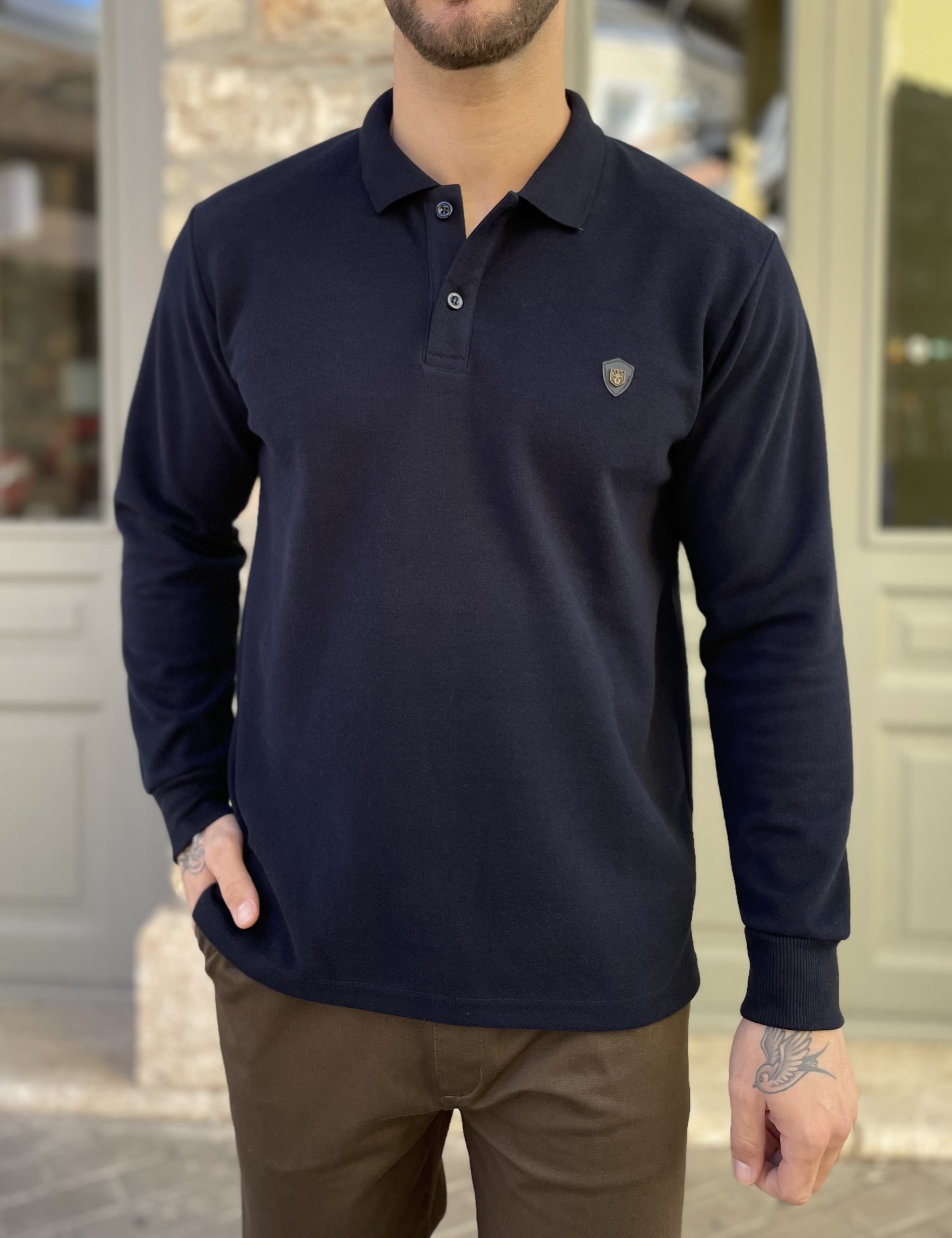 Everbest Everbest Ανδρική μπλε navy Polo μακρυμάνικη μπλούζα Plus size 261032N